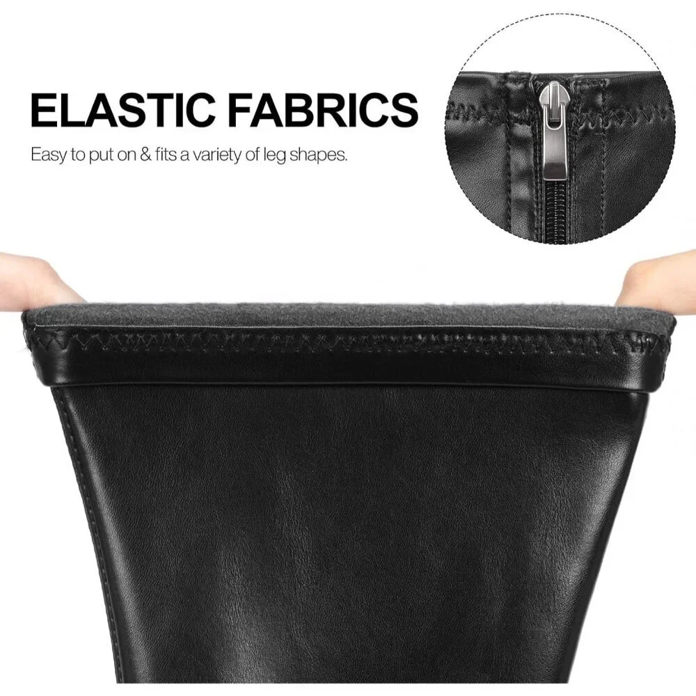 Women's Stretchy Black Knee High Boots Round Toe Side Zip Chunky Heel Rubber